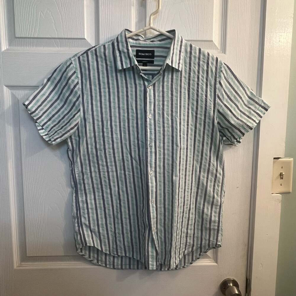 Bonobos Standard Fit Seersucker Navy Green White Button Up Striped Shirt Size Me